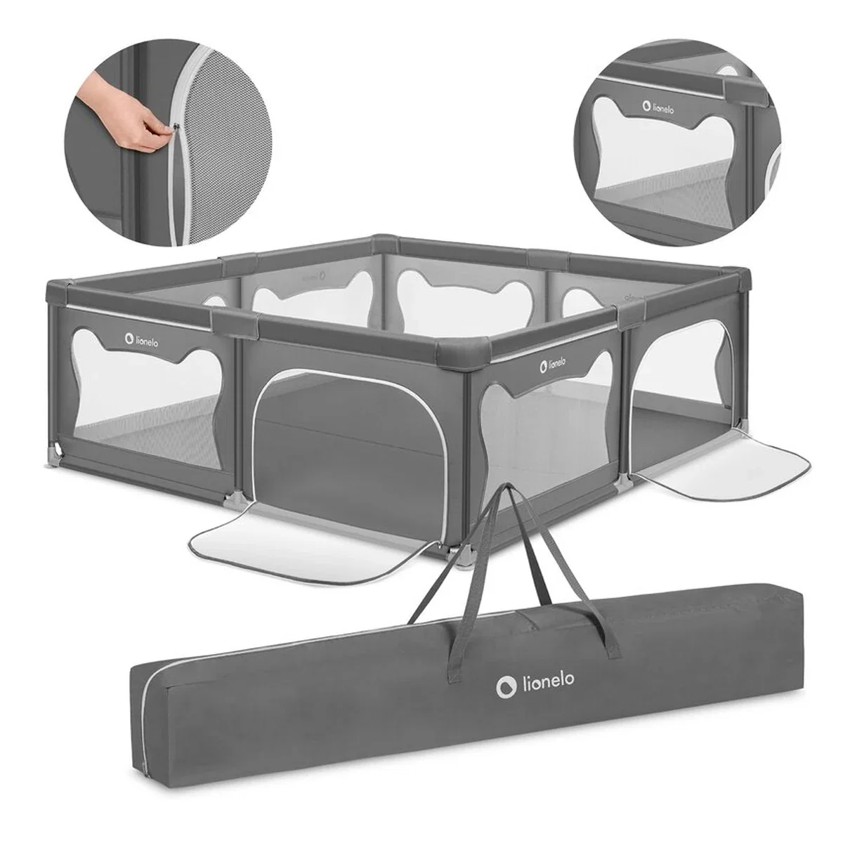 Tarc de joaca copii, Lionelo, Willow XL,180 x 200 cm, Pliere compacta, Include geanta de transport, Din plasa, Cu doua [10]