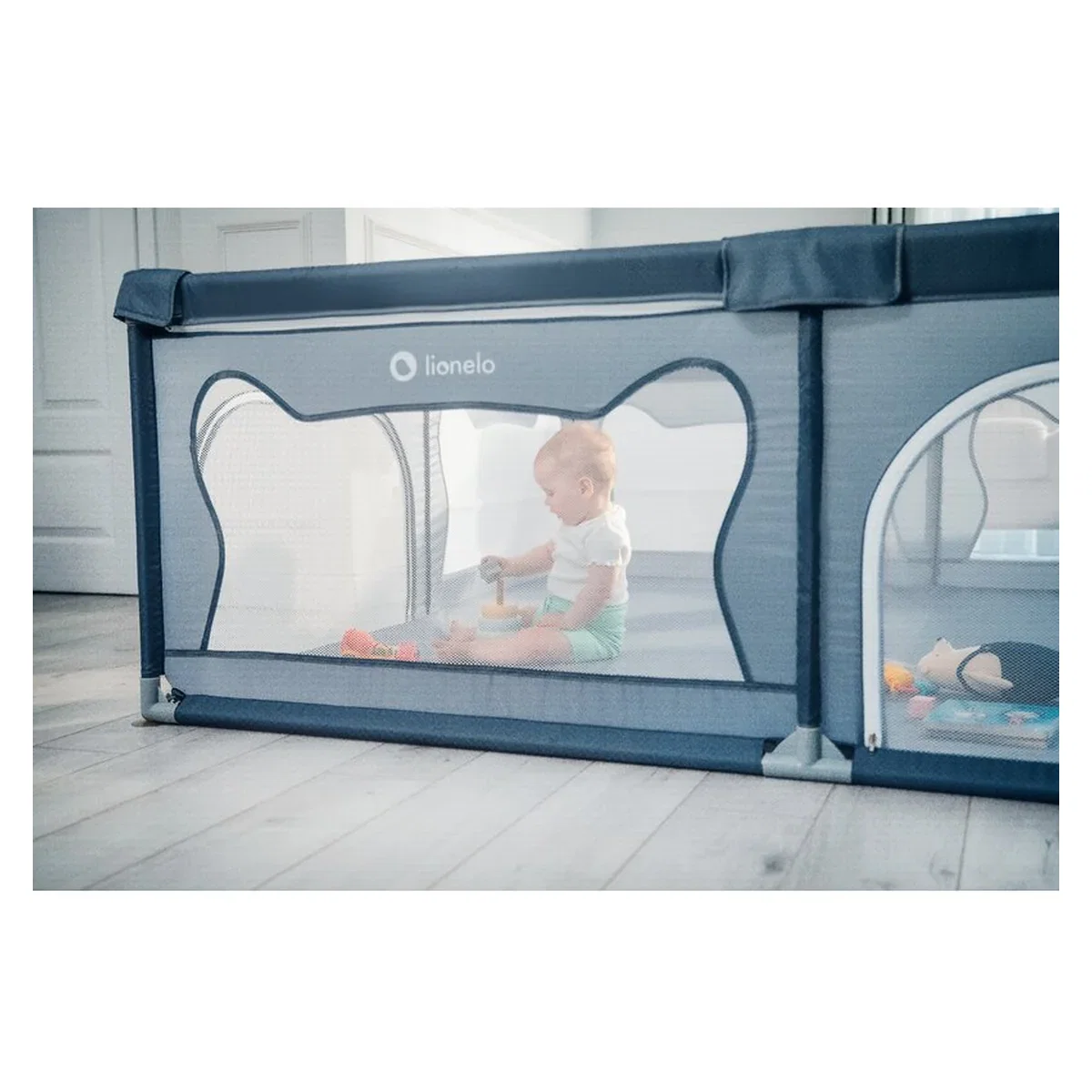 Tarc de joaca copii, Lionelo, Willow XL,180 x 200 cm, Pliere compacta, Include geanta de transport, Din plasa, Cu doua [22]