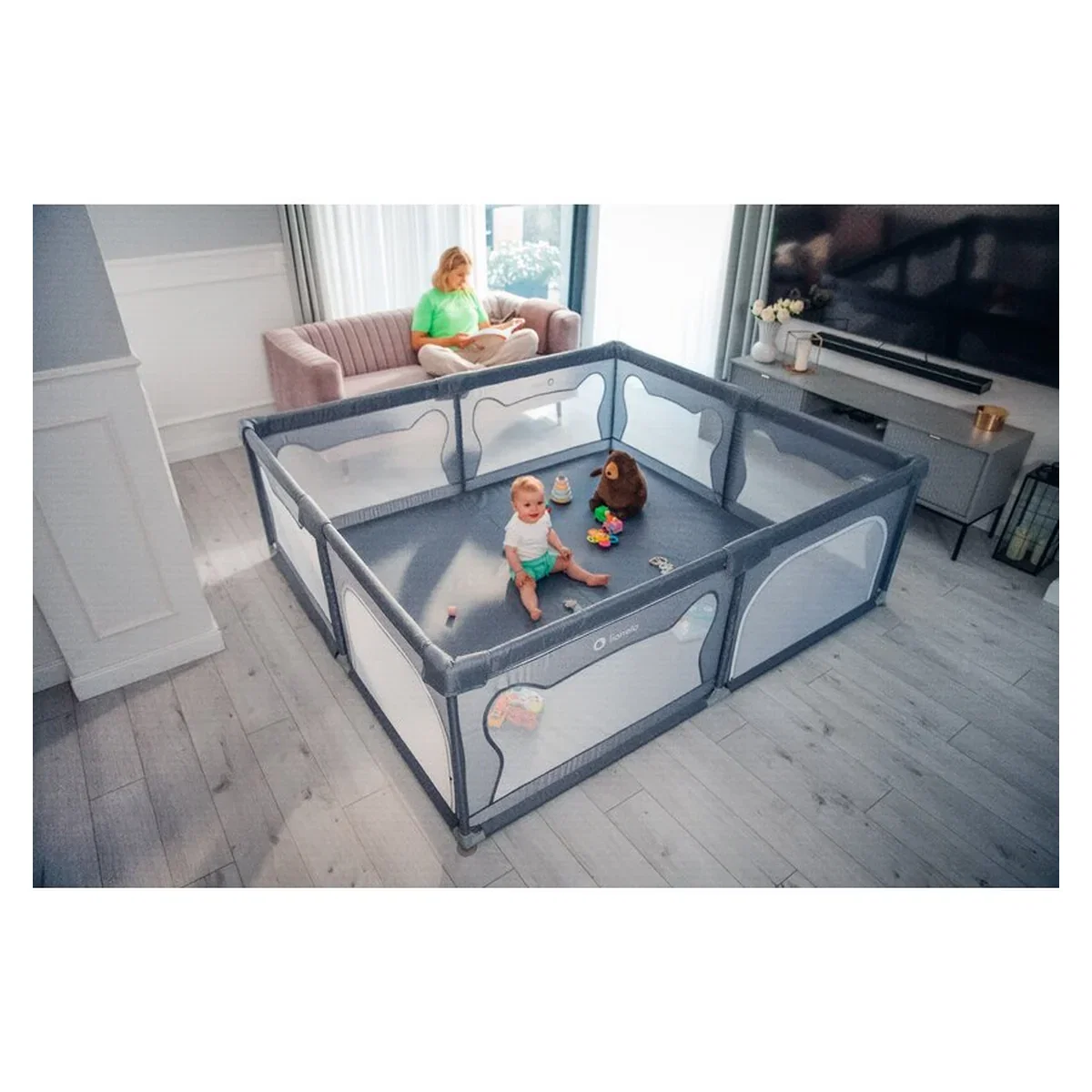 Tarc de joaca copii, Lionelo, Willow XL,180 x 200 cm, Pliere compacta, Include geanta de transport, Din plasa, Cu doua [18]