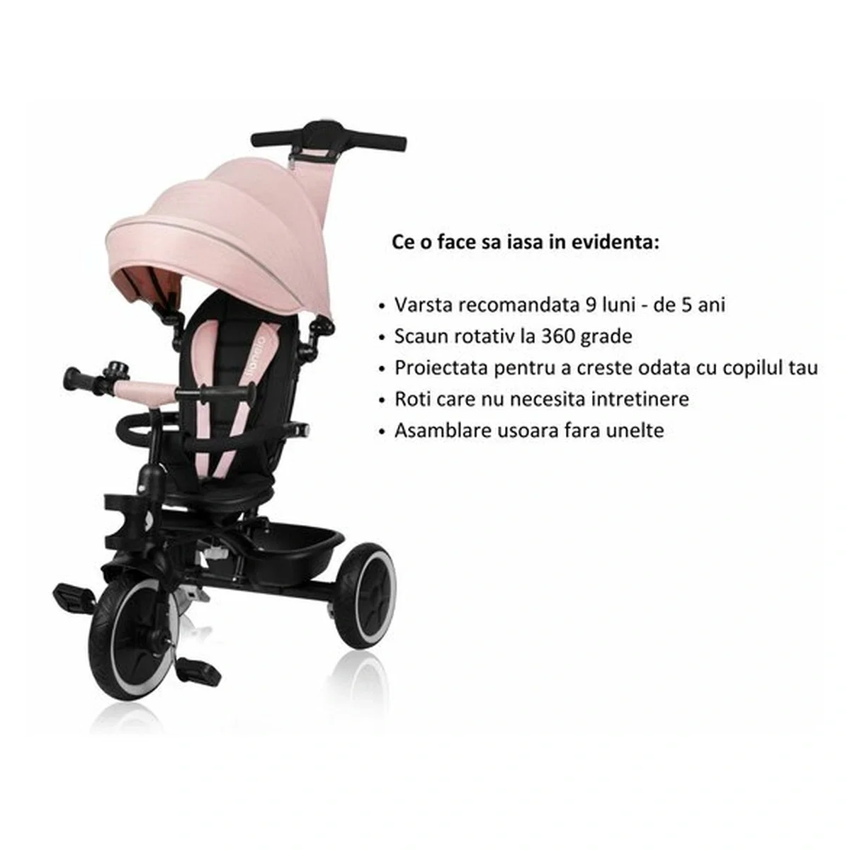Tricicleta copii, Lionelo, Berry, 2 in 1, Multifunctionala, Scaun reversibil, Rotire 360 grade, Roz 9 luni [34]
