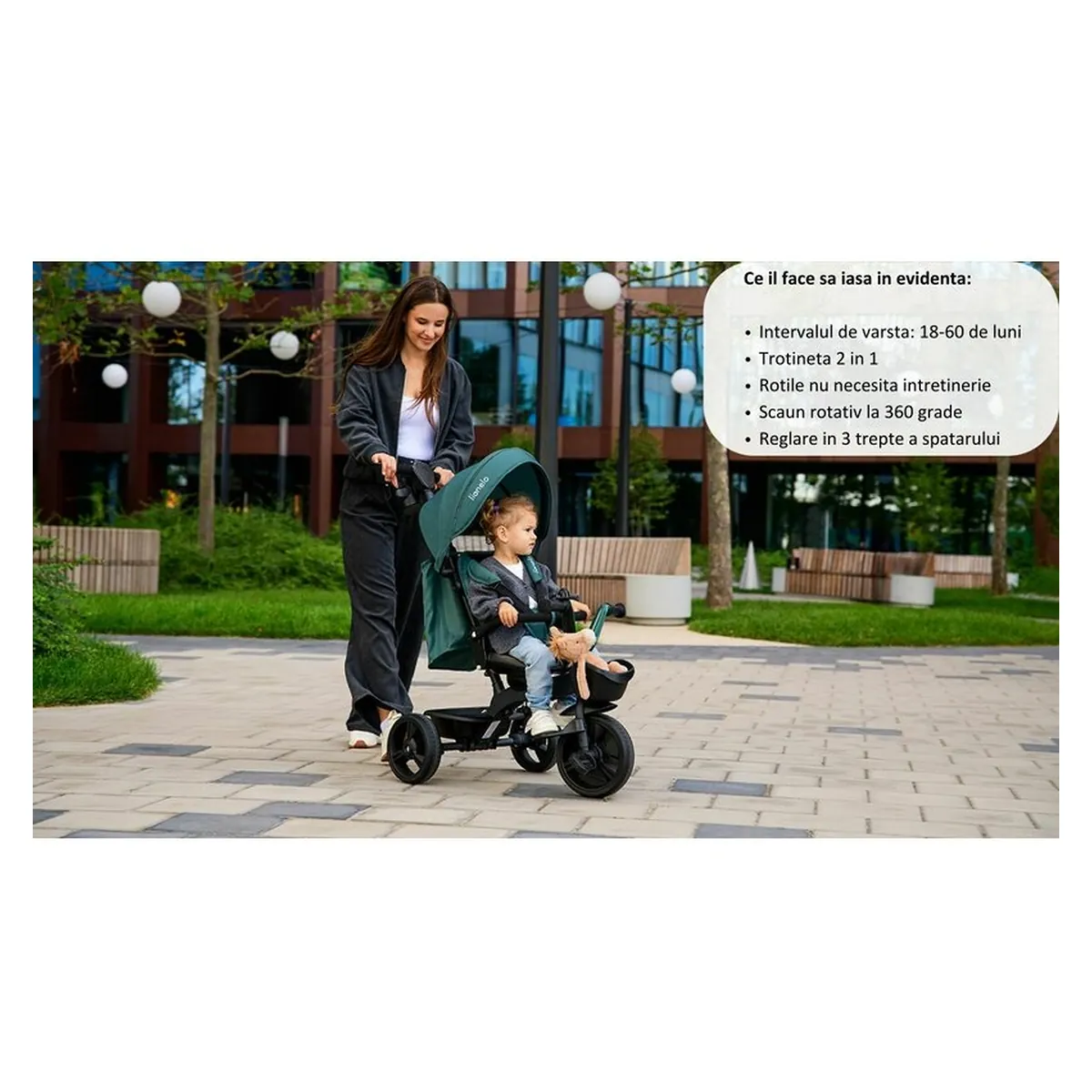 Tricicleta Kori, Cu suport de picioare, Control al directiei, Scaun reversibil, Rotire 360 grade, Pliabila, Conform cu [32]