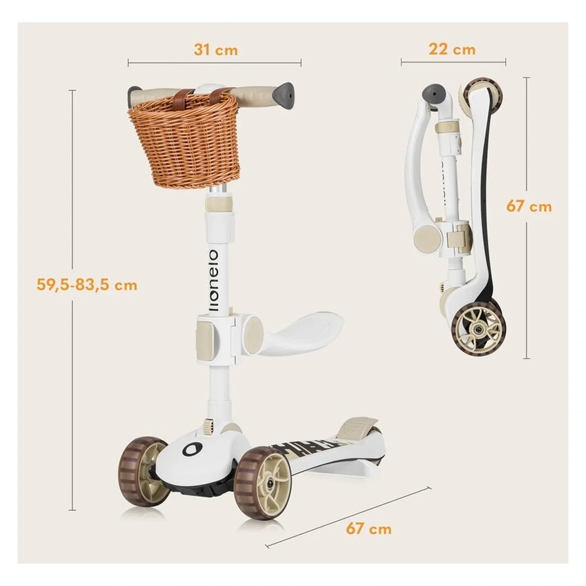 Trotineta, Lionelo, Franky, Pliabila, Pana la 50 kg, Sezut detasabil, Roti cu LED, 12 luni+, Beige [26]