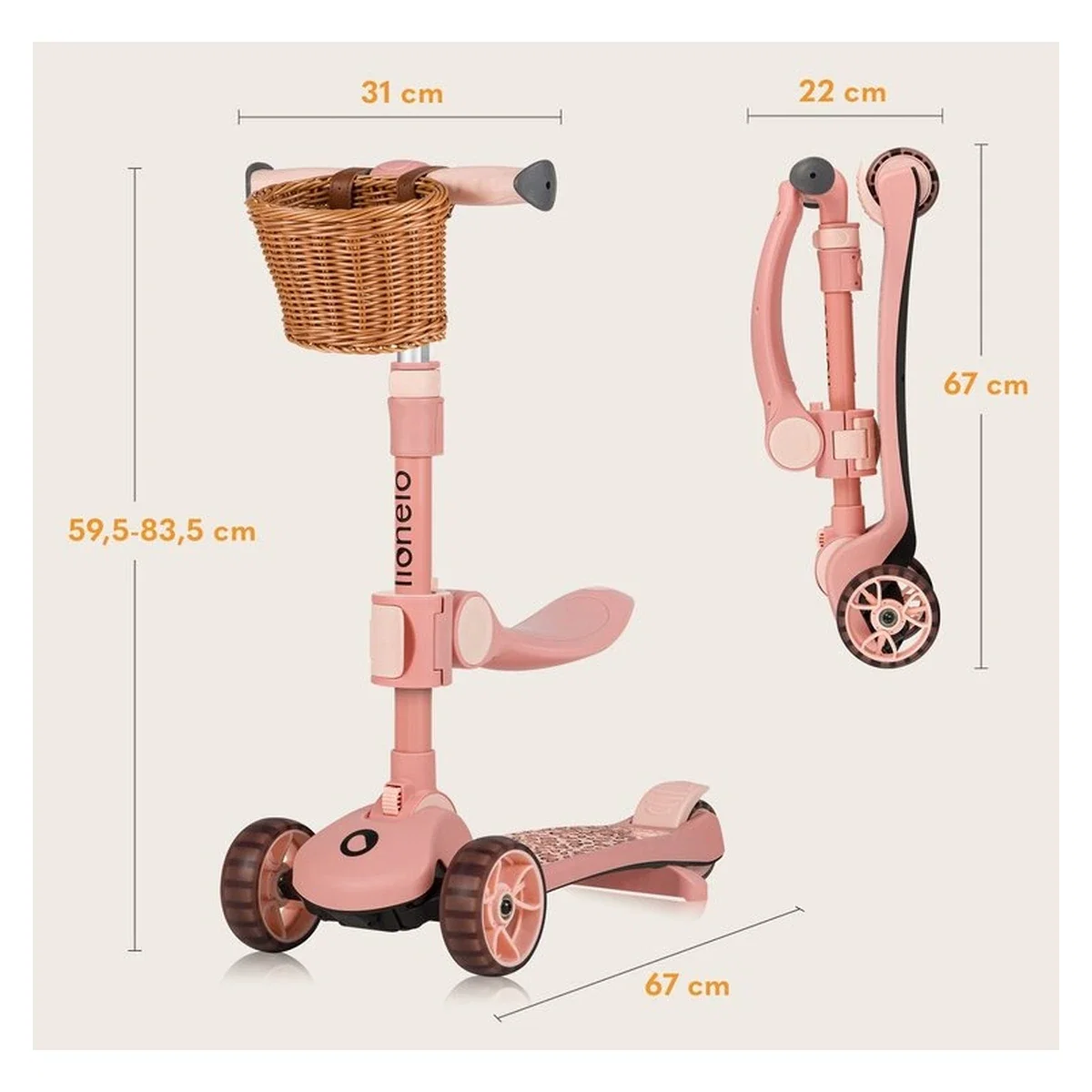 Trotineta, Lionelo, Franky, Pliabila, Pana la 50 kg, Sezut detasabil, Roti cu LED, 12 luni+, Pink Rose [26]