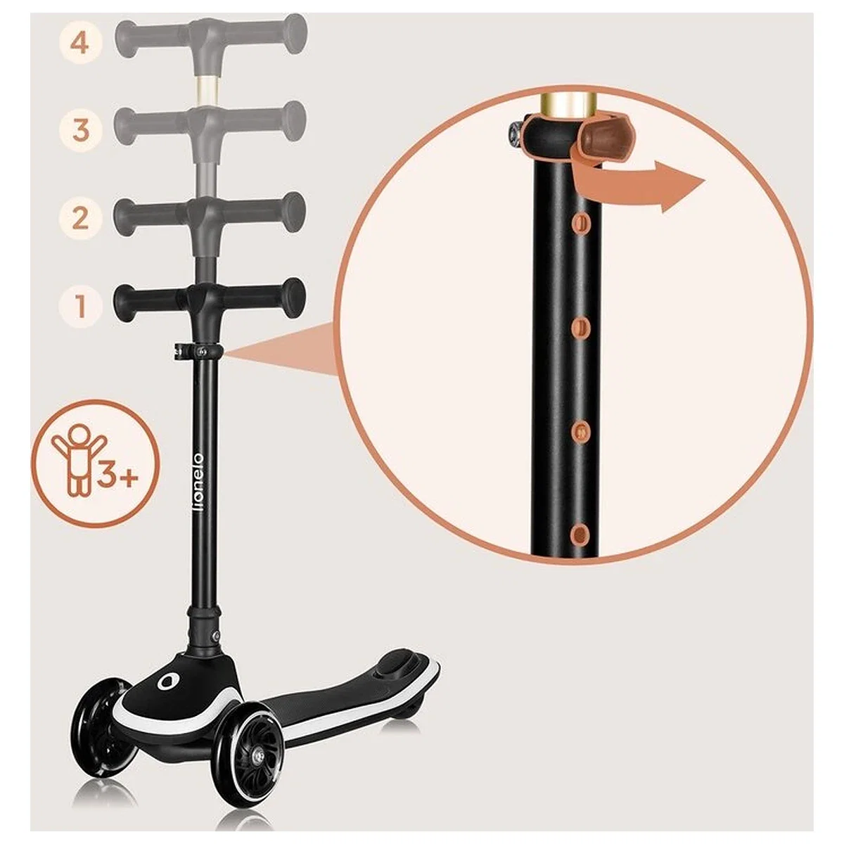 Trotineta pentru copii, Lionelo, Mey, Ultrapliabila, Cu lumini si cosulet, Maner ajustabil pe inaltime, 3 ani+, Pana la 50 Kg, Ultra usor, 2.8 kg, Certificata Intertek, Negru [7]