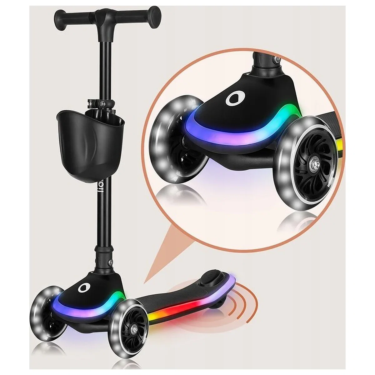 Trotineta pentru copii, Lionelo, Mey, Ultrapliabila, Cu lumini si cosulet, Maner ajustabil pe inaltime, 3 ani+, Pana la 50 Kg, Ultra usor, 2.8 kg, Certificata Intertek, Negru [8]