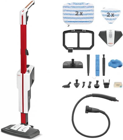 Aparate de curatat cu abur - Mop cu Abur Polti Vaporetto SV650_Style 2 în 1, 1500 W, Abur Reglabil, Mâner Plută, 19 Accesorii, Autonomie Nelimitată, Alb/Roșu