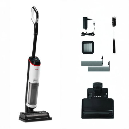 Aspiratoare verticale - Aspirator vertical, fără fir, cu abur și aspirare umed-uscată, 450 W, baterie 21,6 V, aspirare 14 kPa, 0.6 l, 71 Db, 4,2 Kg, gri/alb, Polti RollySteam WD30C