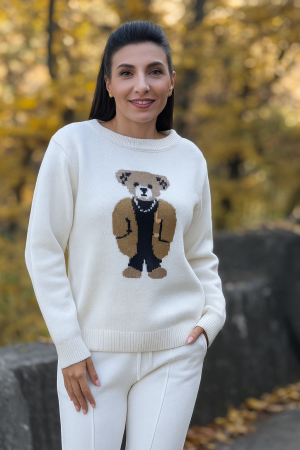 Noutati - Bluza dama crem tricotata cu imprimeu ursulet