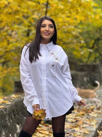 Camasa dama alba din bumbac universala mare cu imprimeu papadie