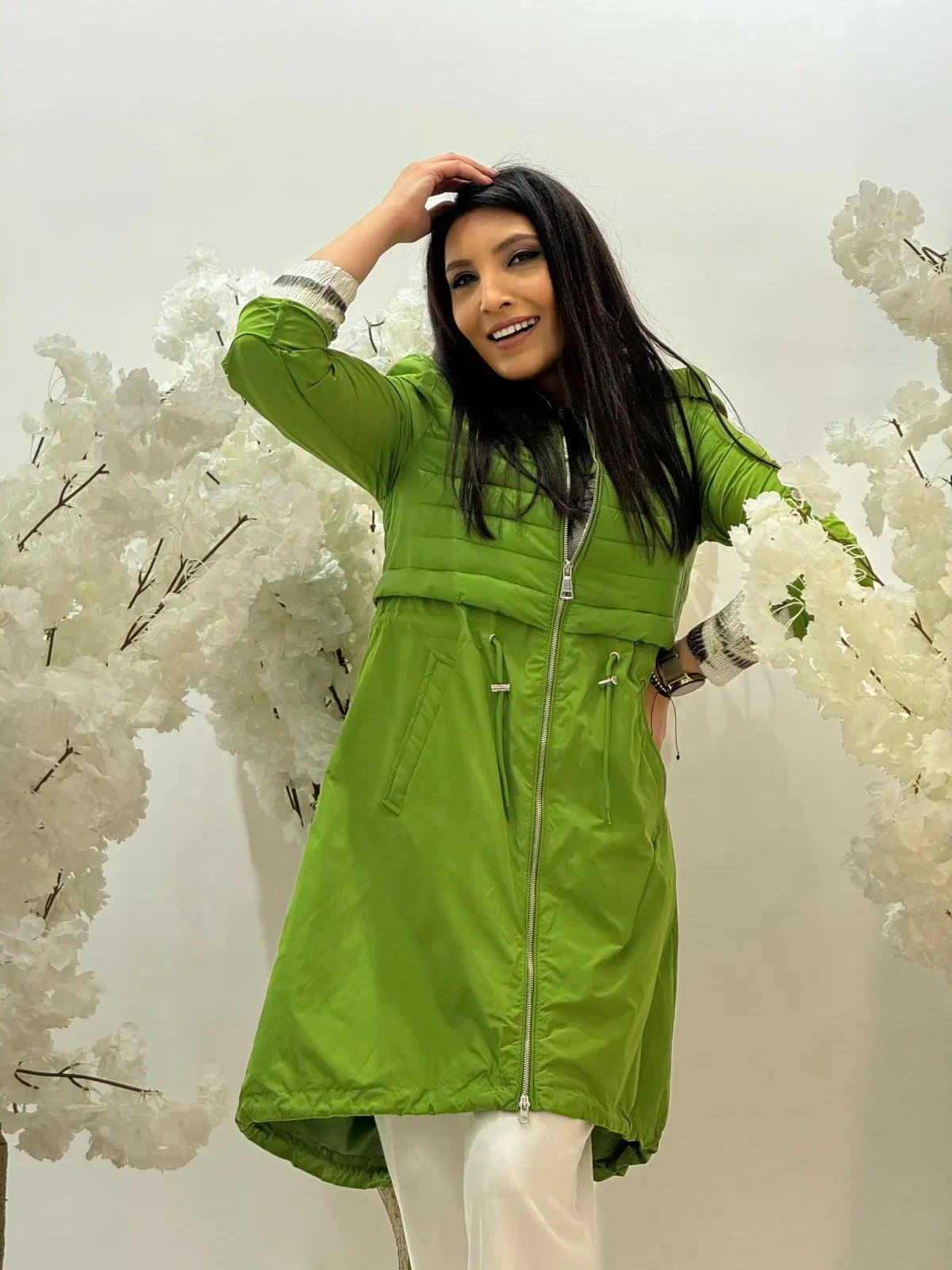 Geci si jachete - Geaca lunga verde din fas cu buzunare