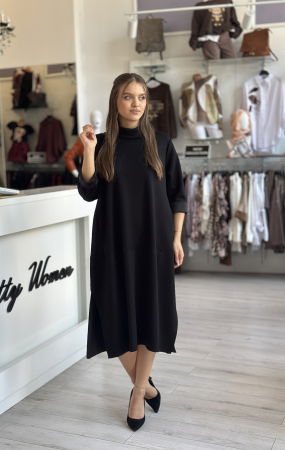 Rochii de zi - Rochie neagra casual cu guler ridicat