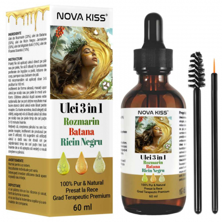 Ulei 3 in 1 Rozmarin, Batana și Ricin Negru NOVA KISS® ,100% Pur & Natural, Grad Terapeutic Premium, pentru Cresterea Parului, Tratarea Scalpului si Pielii, 60 ml