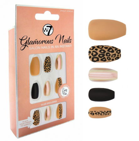 Kit 24 Unghii False W7 Glamorous Nails, Jungle Jingle, cu adeziv inclus si pila de unghii