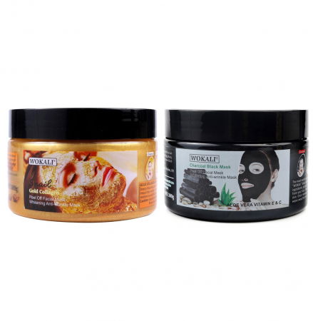 Set Masca de fata cu Aur 24K, Melc si Colagen si Masca neagra pentru indepartat punctele negre si punctele de grasime, Wokali, 2 x 300 g