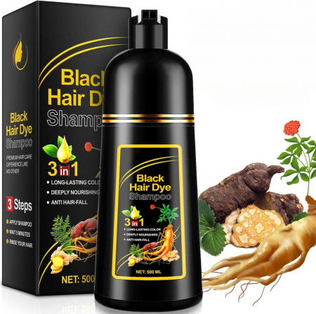 Sampon 3 in 1 pentru Vopsirea Parului Negru, Acoperirea Parului Alb, Regenerare cu Ghimbir, 500 ml