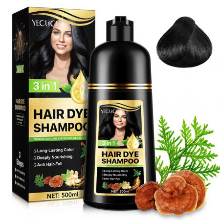 Sampon Premium 3 in 1 pentru Colorarea Parului, Anti Cadere, Regenerare cu Ghimbir si Ginseng, 500 ml, #1 Negru (Black)