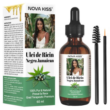 Ulei Premium de Ricin Negru Jamaican 100% Pur & Natural NOVA KISS® pentru cresterea parului, ingrijirea scalpului, pielii, genelor si sprancenelor, 60 ml