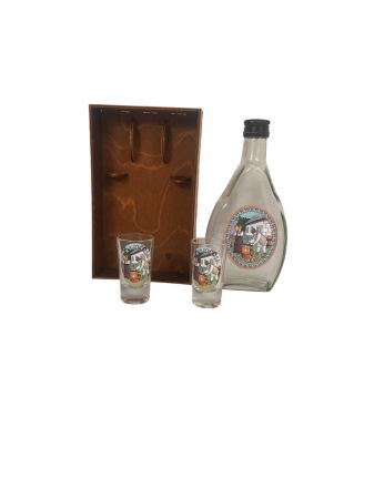 PRODUSE DIN STICLA SI CERAMICA - Set Sticlă de Țuică cu 2 Pahare Shot și Cutie din Lemn