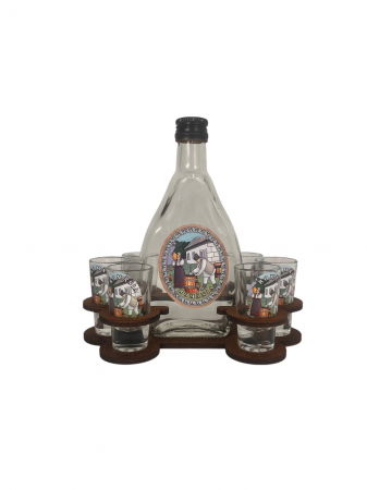PRODUSE DIN STICLA SI CERAMICA - Set Sticlă de Țuică cu 6 Pahare Shot și Suport din Lemn