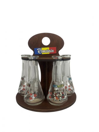 PRODUSE DIN STICLA SI CERAMICA - Suport din lemn cu 6 toiuri din sticlă pentru palincă sau țuică – eleganță rustică pentru momente speciale