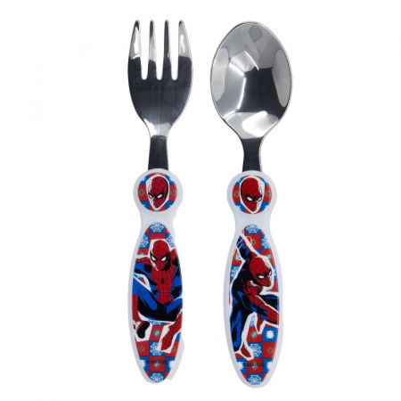 Articole hranire bebelusi - Set 2 tacamuri, furculita si lingura pentru copii Spiderman, Midnight Flyer 15.5 cm