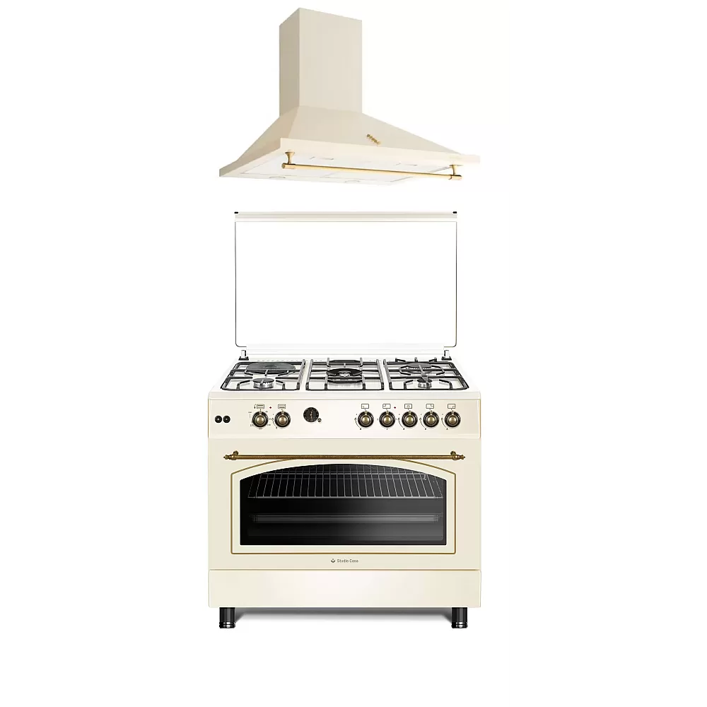 Casa & Gradina - Pachet Aragaz cu cuptor pe gaz, grill, rotisor, gratare fonta, 90 cm, 4+1 ( 1 electric ), Hota decorativa, 90 cm, 2 motoare, 645 m3/h, Beige Rustic, Studio Casa