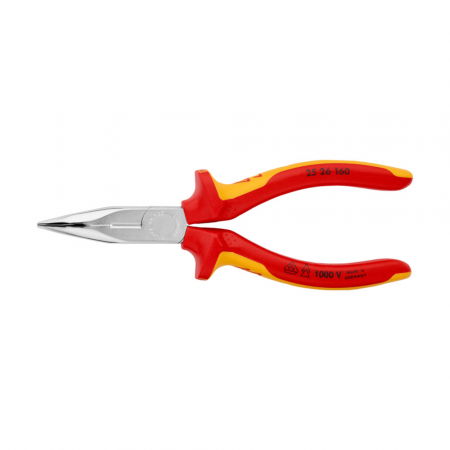 VDE plier - Pliers with semi-round tip, VDE 1000 V, curved at 40⁰, for narrow spaces, multi-component handle, 160 mm, KNIPEX 25 26 160