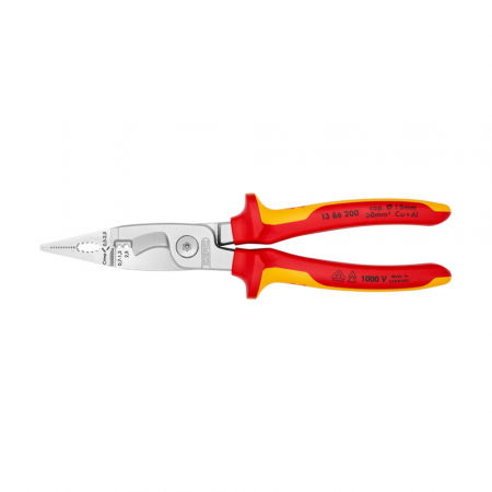 VDE plier - Multifunctional pliers, VDE 1000 V, stripping, ferrule crimping, multi-component handle, for electricians, 200mm, KNIPEX 13 86 200