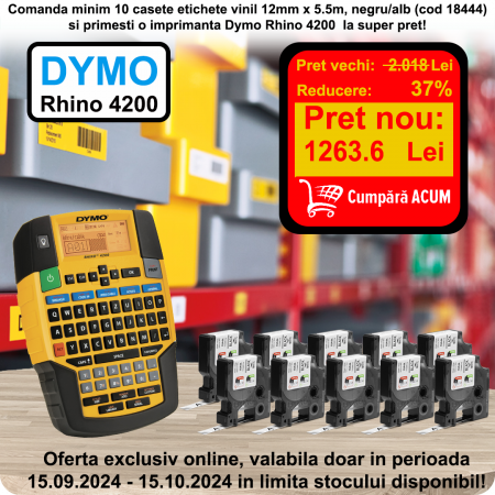 Imprimante - Pachet Promotional 10 casete etichete vinil 18444 negru/alb si Dymo Rhino 4200