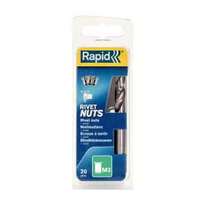 Fastening - Rapid M3 Rivet Nuts, diameter 3mm, internally threaded tubular rivets, steel with chrome finishing, including HSS Drill Bit, 20 pcs/blister, 5000670