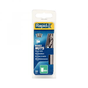 Fastening - Rapid M4 Rivet Nuts, diameter 5.9mm, internally threaded tubular rivets, steel with chrome finishing, including HSS Drill Bit, 20 pcs/blister, 5000671