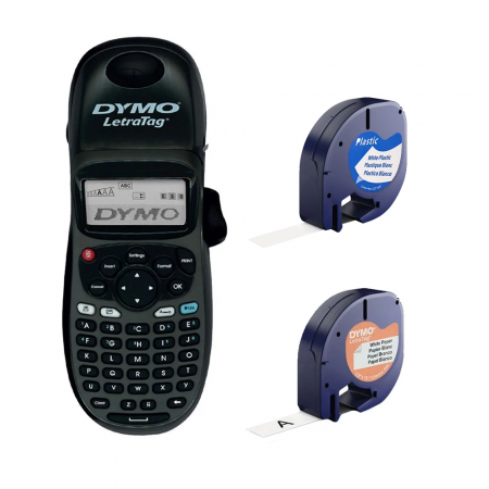 Imprimante etichete Letratag - Set Imprimanta termica portabila DYMO LetraTag 100H Black Edition ABC etichete plastic autocolante si o banda hartie