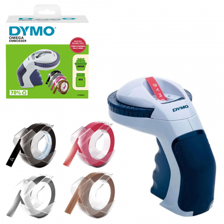 Labels - Set Dymo Omega labeling machine set and a total of 4 rolls of Omega labels, DY12748 2174605CC