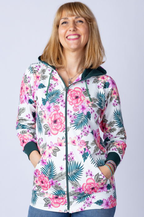 Hanorac alb cu imprimeu floral, asimetric, cu gluga [1]