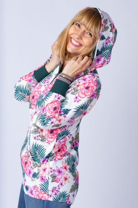 Hanorac alb cu imprimeu floral, asimetric, cu gluga [3]