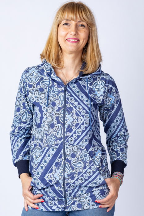 Hanorac bleumarin cu imprimeu arabesque, asimetric, cu gluga [1]