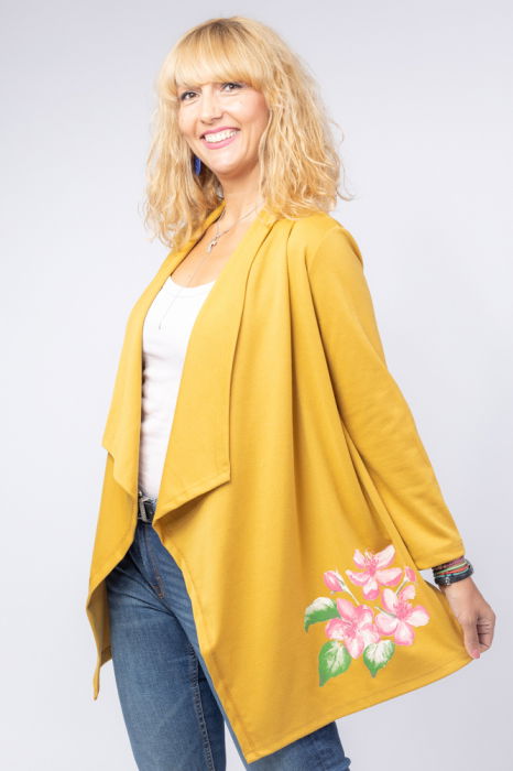 Blazer casual din tricot cu imprimeu floare pe o parte, mustar [1]