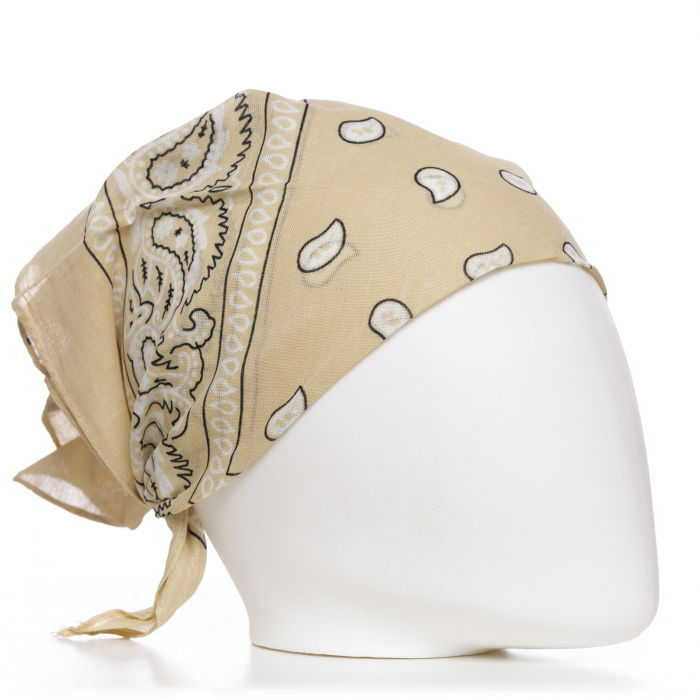 Bandana tip batic patrat cu imprimeu alb pe fond bej