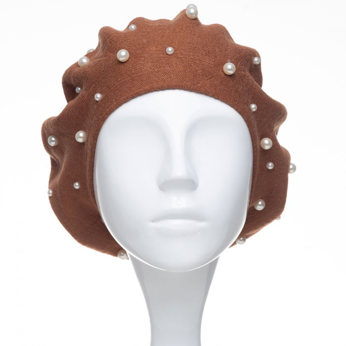 Bereta camel clasica, cu perle fine aplicate pe toata suprafata, din bumbac si lana [2]