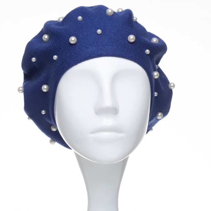 Bereta albastra clasica, cu perle fine aplicate pe toata suprafata, din bumbac si lana [2]