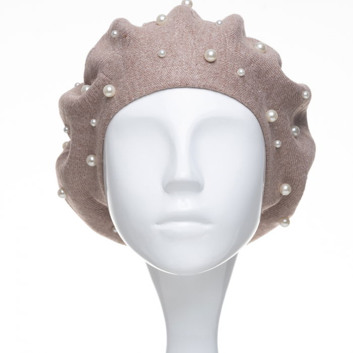 Bereta bej inchis clasica, cu perle fine aplicate pe toata suprafata, din bumbac si lana [2]