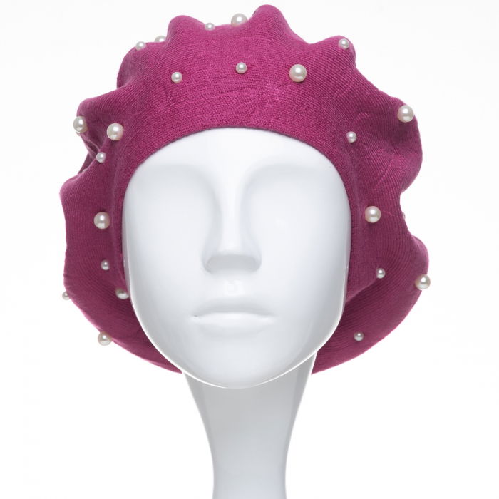 Bereta mov zmeura clasica, cu perle fine aplicate pe toata suprafata, din bumbac si lana [2]