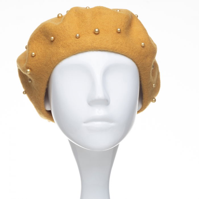 Bereta galben mustar, cu perle fine aplicate pe toata suprafata, din lana [2]