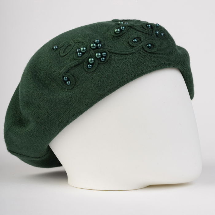 Bereta verde chic, cu decoratiune tricotata si insertii de perle, din bumbac si lana [2]