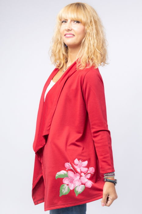 Blazer casual din tricot cu imprimeu floare pe o parte, bordo [2]
