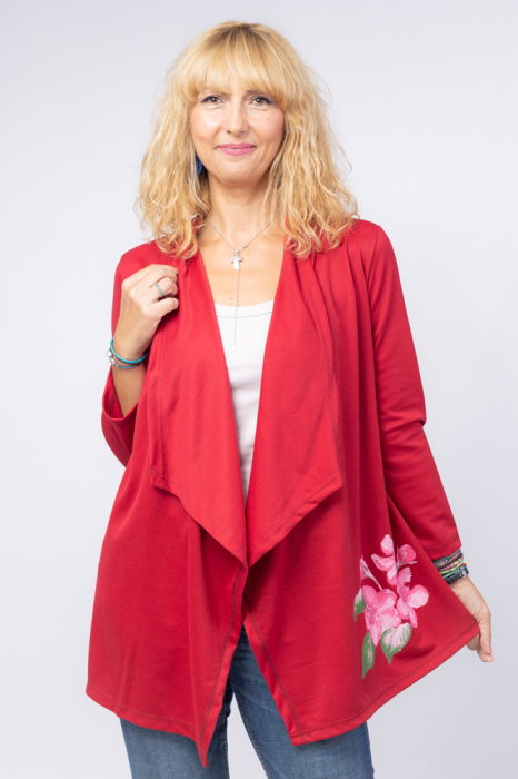 Blazer casual din tricot cu imprimeu floare pe o parte, bordo [1]