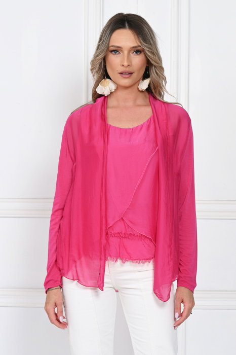 Blazer dama lejer cu design fluid si insertie din matase, croi relaxat, fucsia