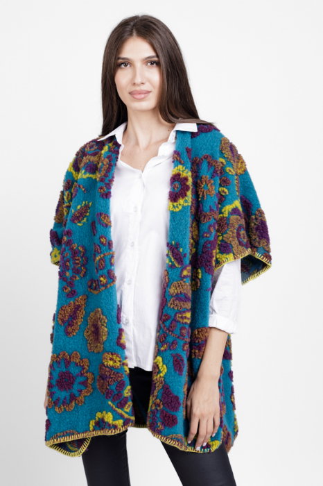 Blazer poncho cu detali colorate turcoaz, cu lana naturala — Colecție Damă, Blazere și sacouri