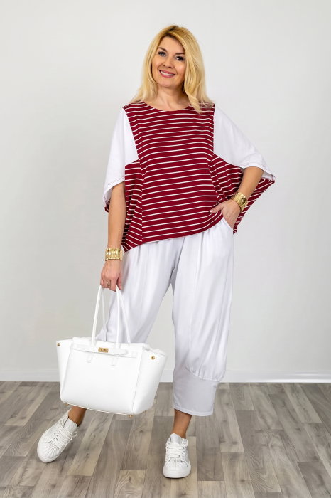 Bluza alb-rosu inchis oversize cu design asimetric din bumbac - joc de dungi