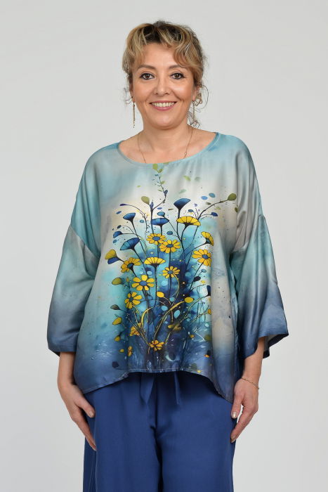 Bluza amestec matase cu vascoza, imprimeu pictural cu flori galbene delicate [3]